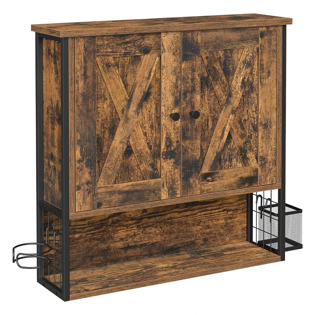 VASAGLE Badezimmerschrank Wandregal Aufbewahrungsschrank mit 2 Türen verstellbaren Regalen Föhnhalter Industriedesign Vintage Braun/Schwarz BBK123B01