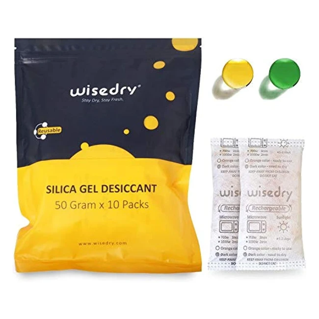 Wisedry 50g 10 Packs Silica Gel Desiccant Sachets - Fast Reactivate, Microwave Safe, Food Grade