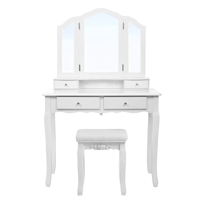 Songmics Large Dressing Table Set Trifold Mirror Makeup Desk 4 Drawers White RDT