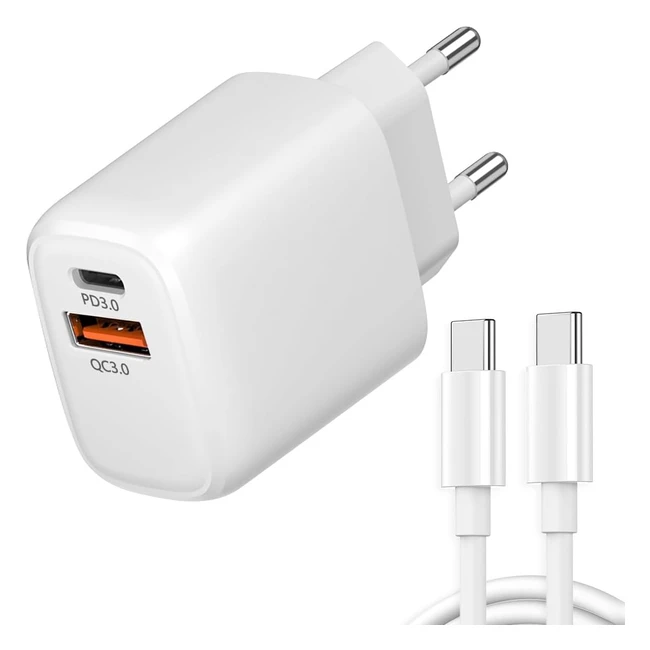 Caricabatterie USB C 20W Rapido da Parete con Cavo 1m - iPhone 15 Pro Max - Galaxy S21 Ultra