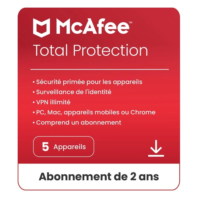 Mcafee Total Protection 2024 Antivirus VPN Gestionnaire de Mots de Passe - Sc
