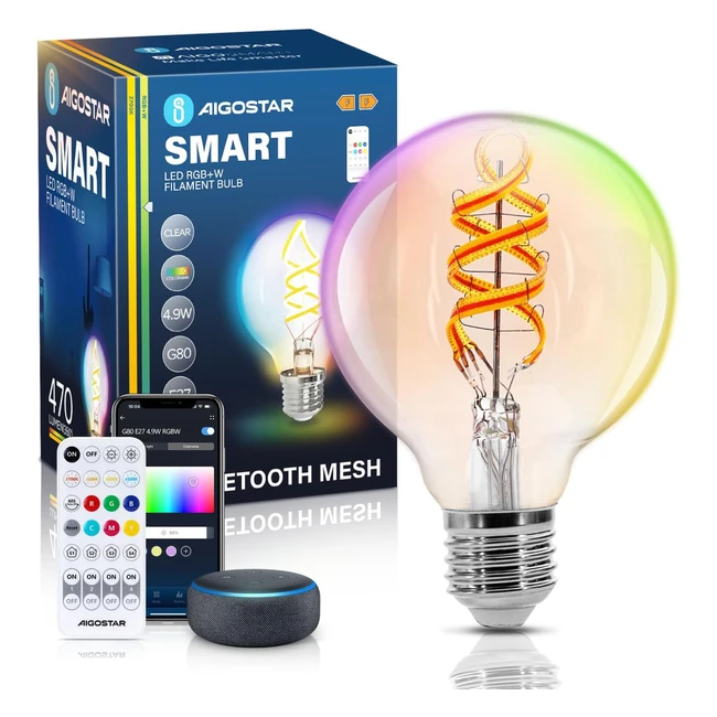 Aigostar Mesh Ampoule Connecte Bluetooth Mesh G80 Edison Vintage Lampe Filament LED Dimmable RGB 49W 420lm Blanc Chaud 2700K