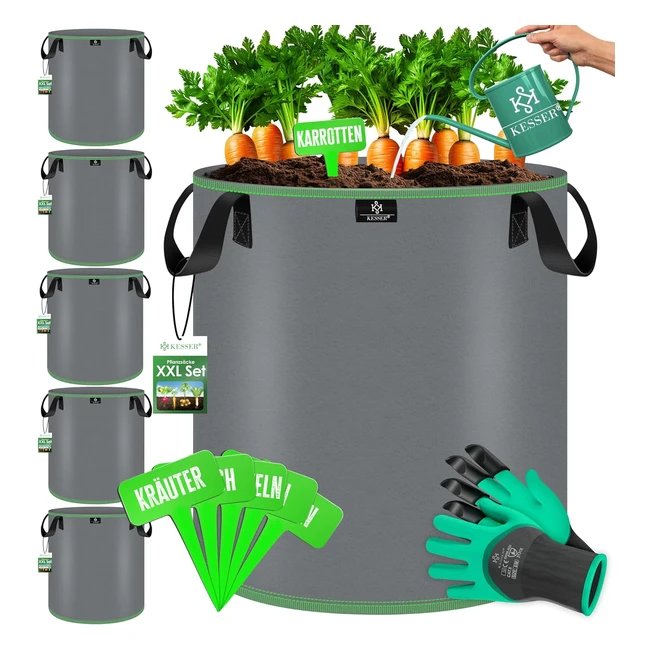 Kesser Pflanzsack 12 Liter - 5 Stck - Vliesstoff - Kartoffelpflanztasche - Gra