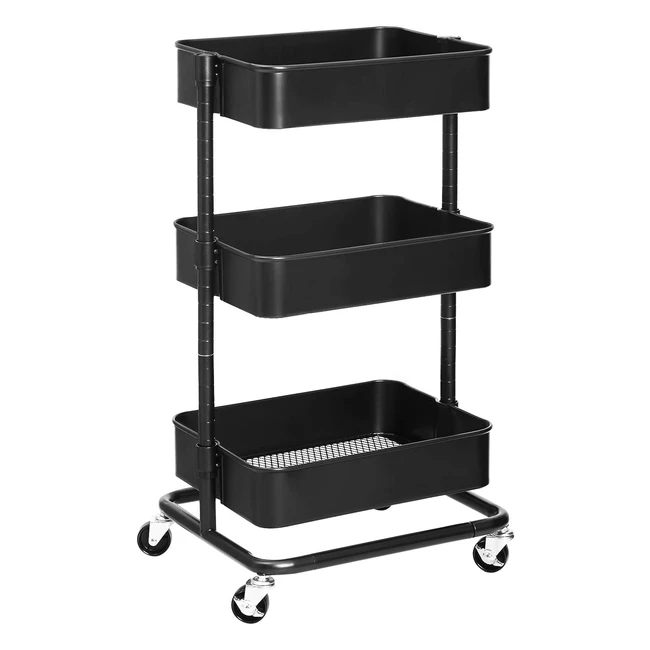 Songmics 3-Tier Storage Trolley Rolling Cart BSC60B - Adjustable Shelves, Utility Cart, 2 Brakes