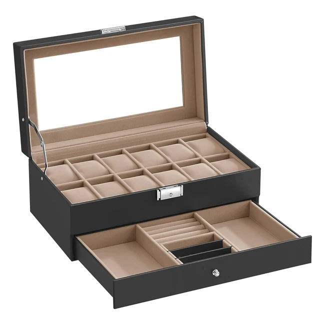SONGMICS Uhrenbox 2 Ebenen Uhrenkasten 12 Fcher Glasdeckel JWB012