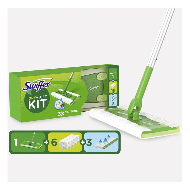 Swiffer Mopa Limpiador Kit Básico para Madera y Suelos - Incluye 1 Mopa y 9 Paños