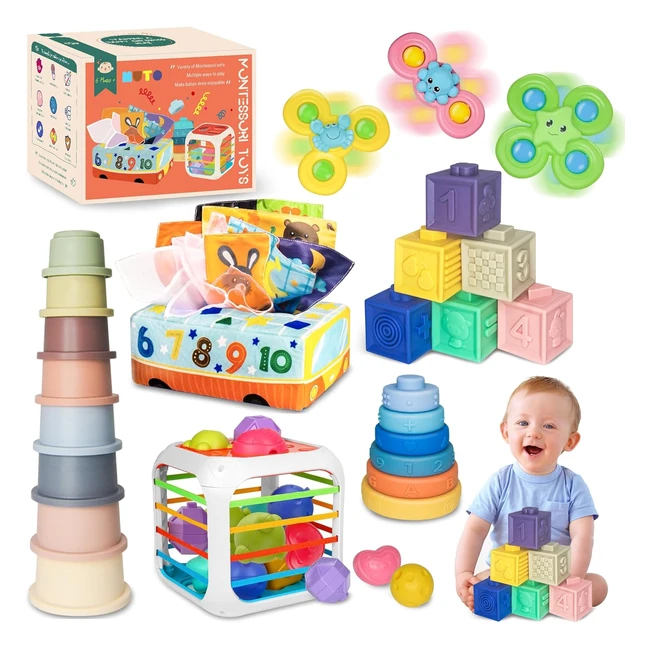 Giochi Montessori 6 Mesi 6 in 1 Neonato - Cubi Impilabili Sensoriali