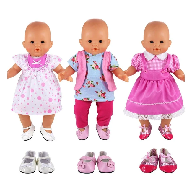 Vestidos Miunana Verano Casual para New Born Doll 18 Pulgadas - 3x Vestidos 3x Zapatos