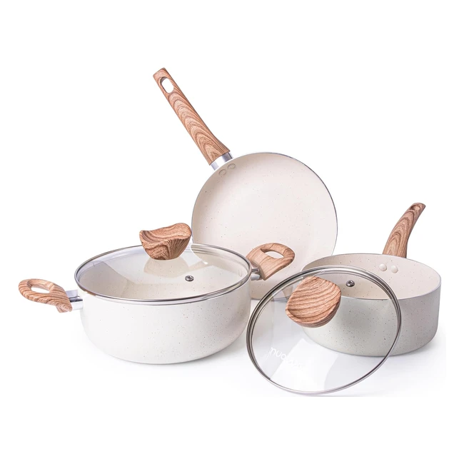 Nuovva 5pcs Cream Granite Kitchen Cookware Set with Lids - Induction Hob Pots Se
