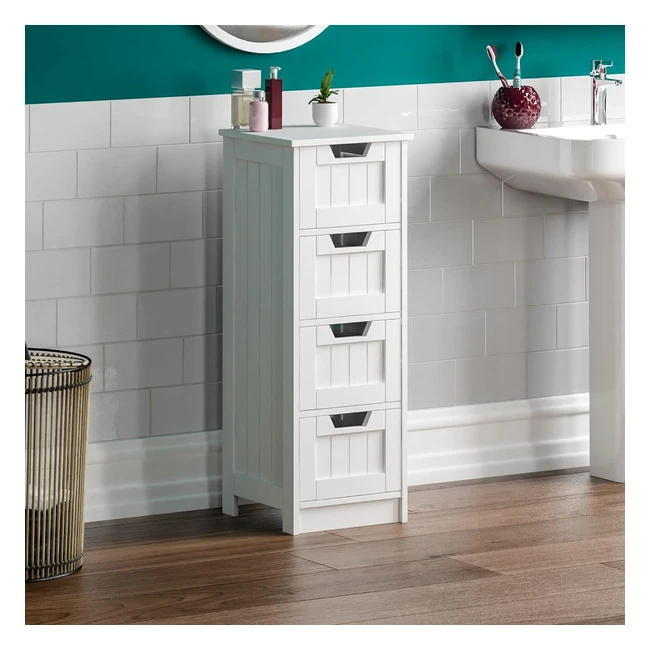 Bath Vida 4-Drawer Floor Standing Cabinet - White Wood - Ample Storage - Roller Gliders