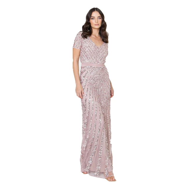 Maya Deluxe Damen Maxi-Kleid mit Pailletten V-Ausschnitt Empire Taille glnzend