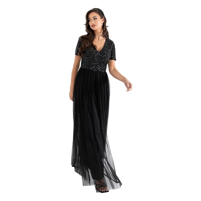 Maya Deluxe Abendkleid mit Pailletten Damen Schwarz Gre 46 V-Ausschnitt