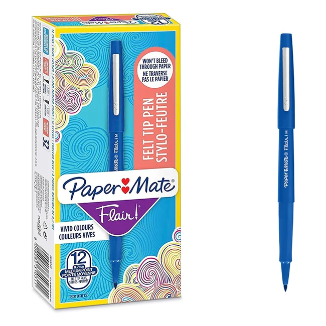 Paper Mate Flair Felt Tip Pens Blue 12 Count - Bold Expressive Lines Smudge Resi