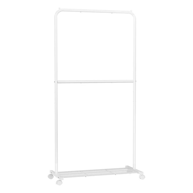 Songmics HSR027W01 Kleiderständer auf Rädern 2 Stangen Metall Garderobenständer 91 cm breit mit Regal 2 Räder mit Bremsen bis zu 20 kg pro Stange weiß