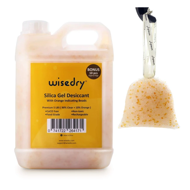 Wisedry Silica Gel Beads Reusable 5 lbs - Color Indicating - Desiccant Bulk - 10pcs Organza Bags