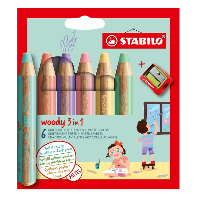 Stabilo Woody 3 in 1 - 6er Pack Pastellfarben mit Anspitzer - Multitalent Bleistift
