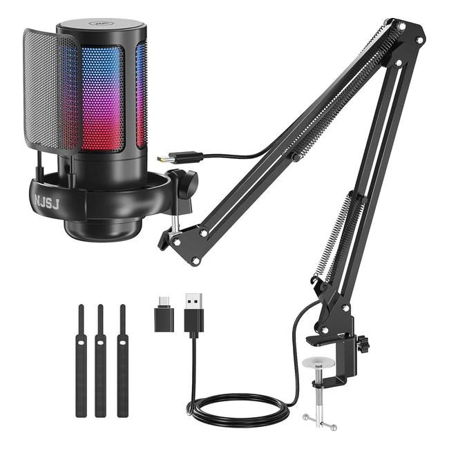 NJSJ USB Gaming Microphone Kit for PC RGB Condenser Mic Podcast Quick Mute Gain Control Boom Arm Stand for Recording Twitch Mac PS45 Black