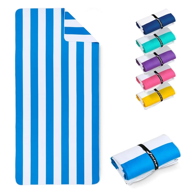 FitFlip Microfibre Beach Towel - Large, Lightweight, Compact, Super Absorbent - 100% Recycled - WhiteSky Blue Stripes