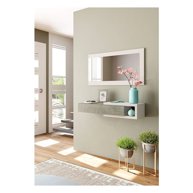Mobile da ingresso Mcallen con cassetto e specchio - Bianco e rovere - 95x19x26