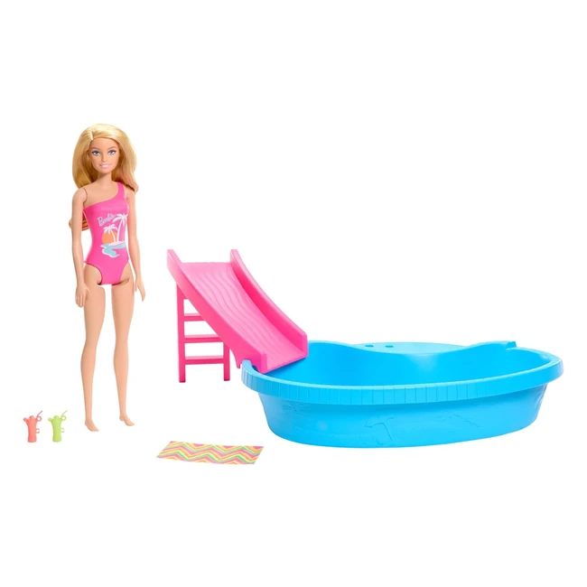 Barbie Mueca Rubia con Baador Rosa Piscina Tobogn Mattel HRJ74