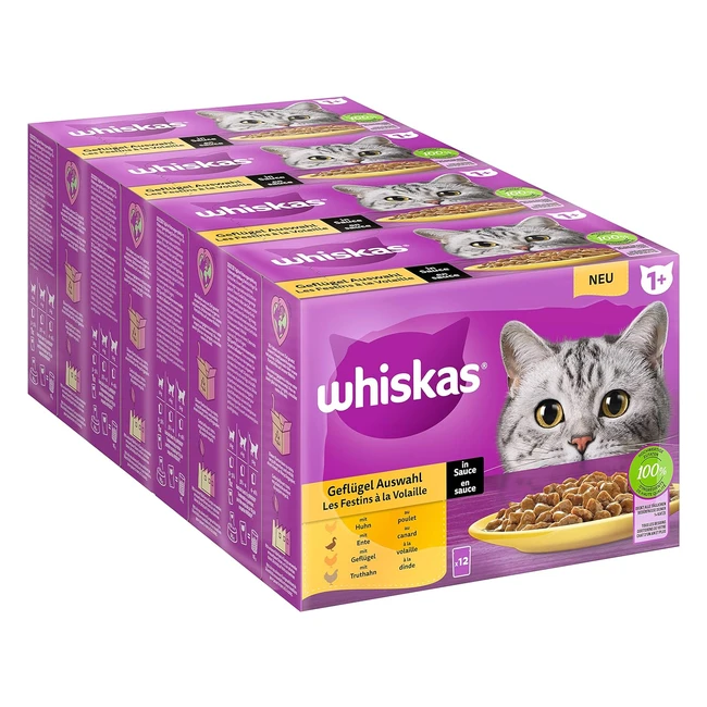 Whiskas 1 Katzenfutter Geflgel Auswahl in Sauce 12x85g - Hochwertiges Nassfutter fr ausgewachsene Katzen