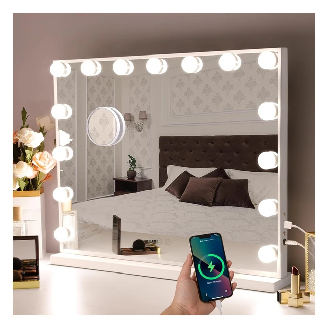 Specchio Trucco Hollywood con Luci LED 15 Lampadine Dimmerabili - Ricarica USB