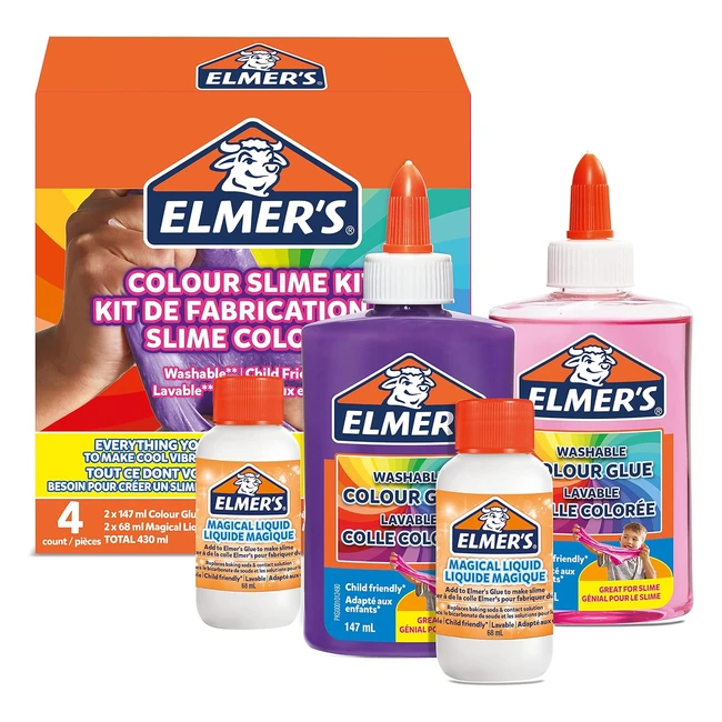Kit Slime Elmers Colore PVA Lavable 4 Couleurs - Liquide Magique Inclus