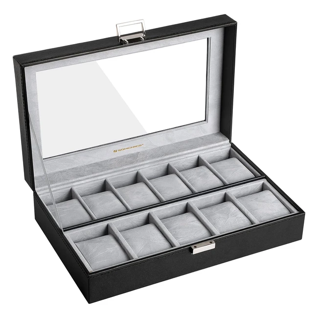 Songmics Watch Box JWB14BK - Large Compartments PU Cover Velvet Lining Glass 