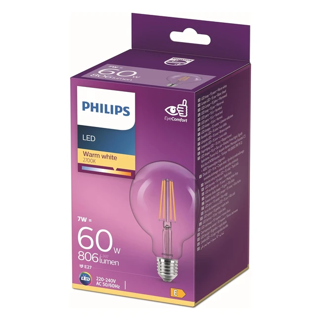 Philips Ampoule LED Globe 93mm E27 60W Blanc Chaud Claire Verre - clairage Ins