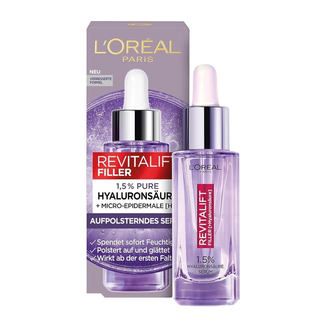 L'Oréal Paris Hyaluron Serum Revitalift Filler Anti-Aging Gesichtspflege Anti-Falten 15% reines Hyaluronsäure und Vitamin C 30 ml