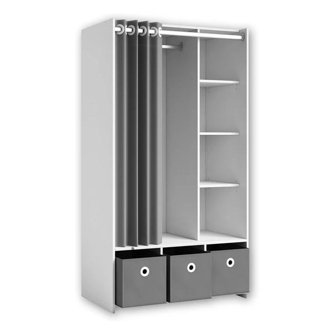 Armadio Bianco Stella Trading Jenke con 3 Scatole Portaoggetti e Tenda in Tessuto - Versatile e Capiente