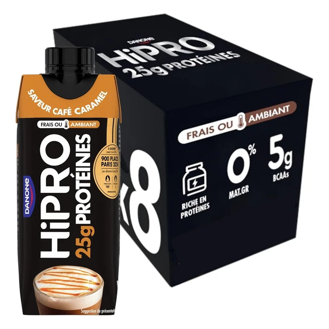 Hipro Boisson Protéinée Caramel Café 330ml - Lot de 8x330ml - 25g Protéines - 5g BCAA