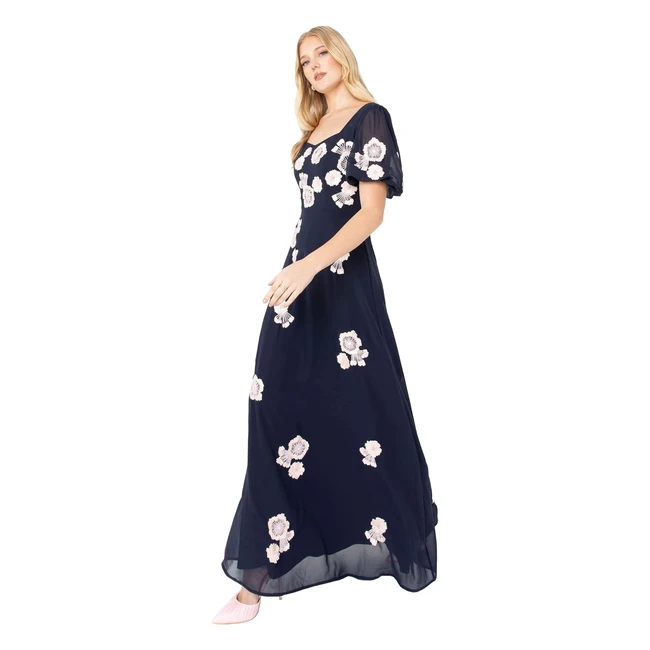 Maya Deluxe Damen Maxikleid mit Blumenverzierung kurzarm fr Hochzeitsgste