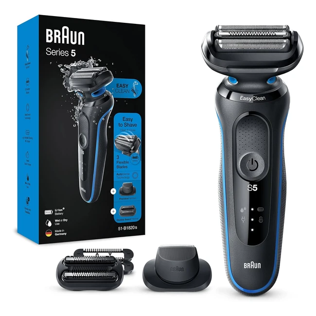 Rasoir électrique Braun Series 5 51B1820S - Précision et confort de rasage - Wet & Dry - Rechargeable - Sans fil - Bleu