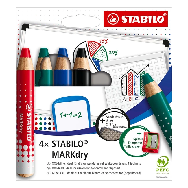 Stabilo Etui de 4 Crayons Marqueur Markdry - Pour Ardoises et Tableaux Blancs