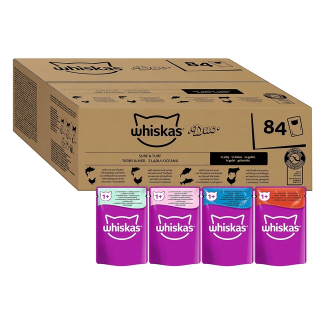 Whiskas Adult 1 Katzennassfutter Tasty Duo Surf Turf in Gelee 84 Portionsbeutel 