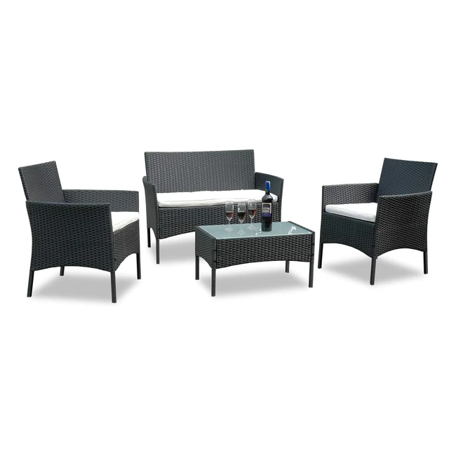 Set mobili balcone Polyrattan Joparri 7 pezzi divano sedie tavolo nero