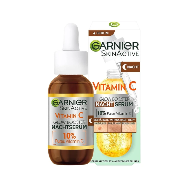 Garnier Nachtserum mit Vitamin C gegen dunkle Flecken und müde Haut - Vegan Formel mit 10% natürlichem Vitamin C - Aufhellendes Nachtserum