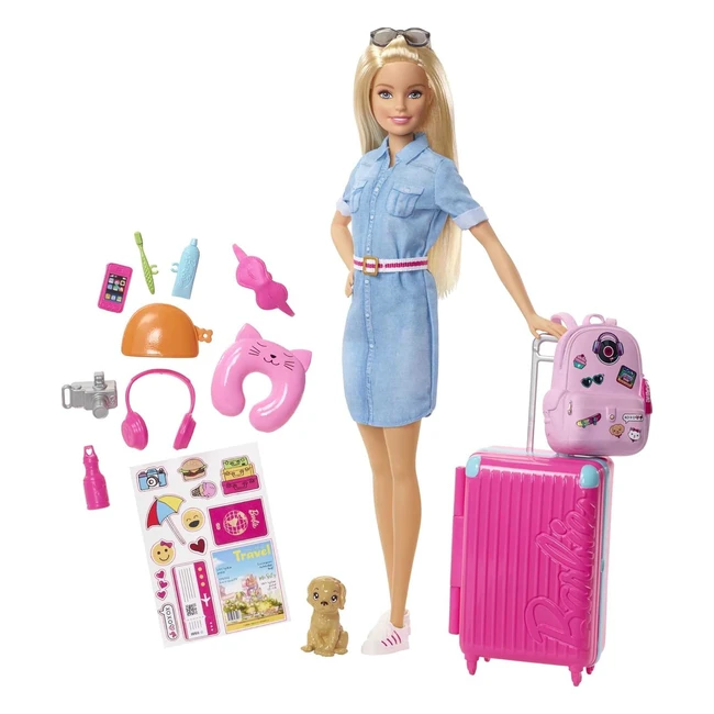 Barbie Set da Viaggio con Valigia Apribile e Cucciolo - Abito di Jeans - 10 Acce