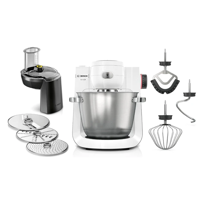 Bosch MUMS6EW13D Serie 6 Küchenmaschine 7 Geschwindigkeitsstufen 55 l Schüssel kontinuierlicher Schredder 3 Scheiben Knethaken Schneebesen Silikon-Schneebesen spülmaschinenfest 1600 W Silberweiß