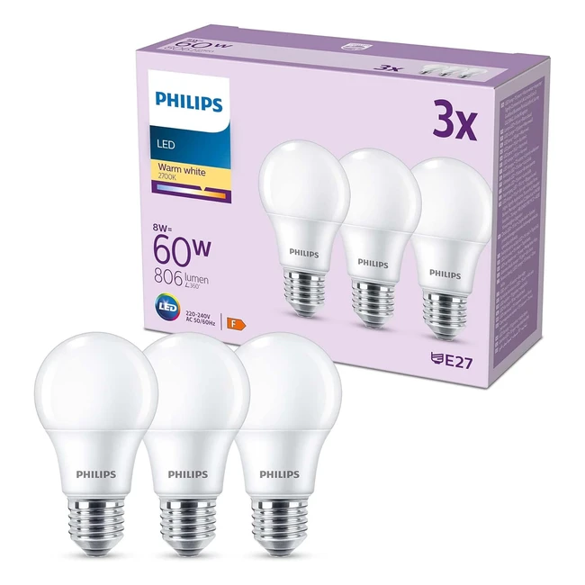 Philips LED A60 Light Bulb 3 Pack Warm White 2700K E27 Non Dimmable