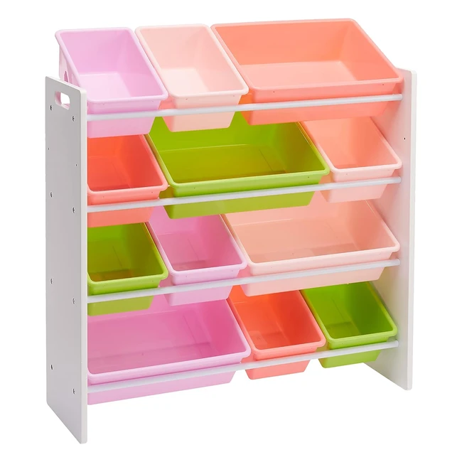 Organizer per giocattoli Amazon Basics con 12 contenitori rosa in plastica legno
