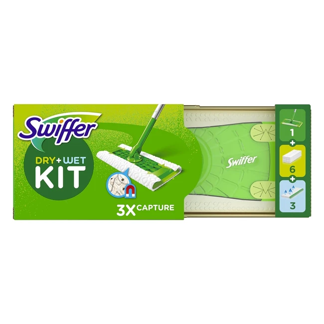 Swiffer Catturapolvere e Lavapavimenti - Kit Starter 1 Scopa + 6 Panni Microfibra Dry + 3 Panni Wet