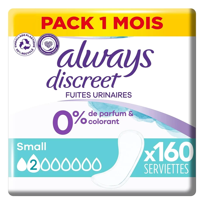 Always Discreet Serviettes Hygiéniques Incontinence Femme Small 2 Gouttes - Protection Absorbante - Pack 1 Mois